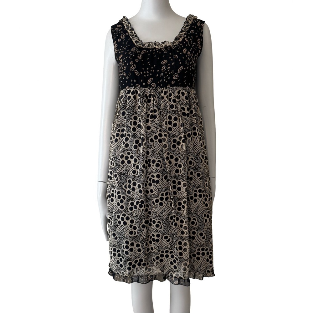 Anna Sui for Anthropologie 100% Silk Babydoll Dress Empire Waist Black & Beige 2